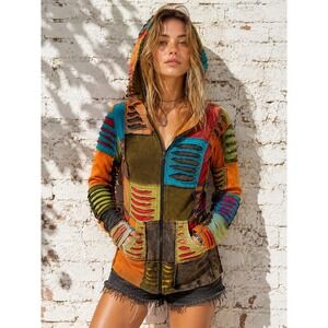 Vintage KPC Cotton Patchwork Razor Cut Pixie Zip Up Hoodie Boho Grunge Size‎ M